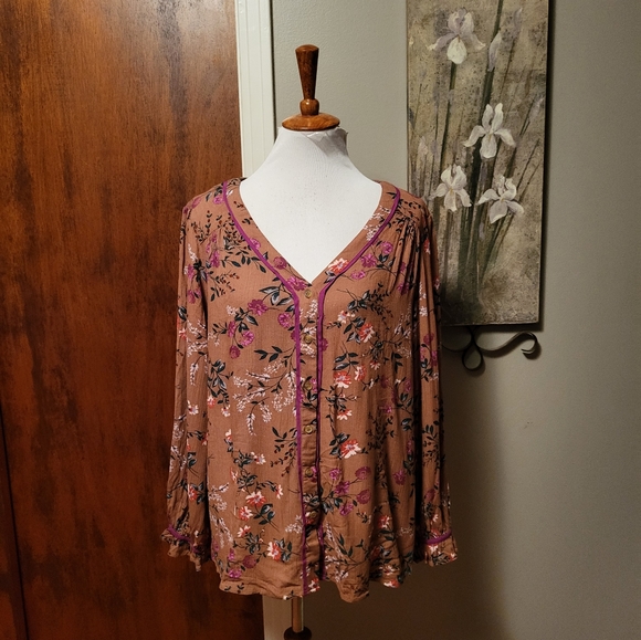 Kori America Fun Flirty Floral Top Large Brown NWT